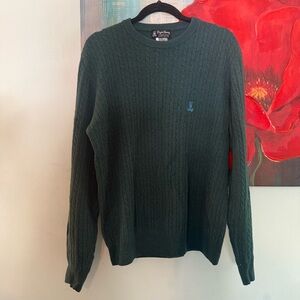Psycho Bunny Men's Dark Green Wool Cable knit Crew-Neck Pullover Sweater L Large